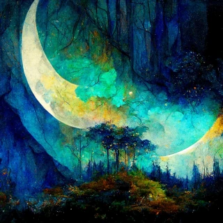 油画, 月亮, 森林