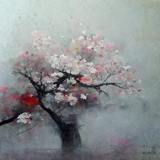 油画, 樱花, 日本的, 抽象的, 雨