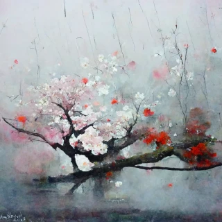 油画, 樱花, 日本的, 抽象的, 雨