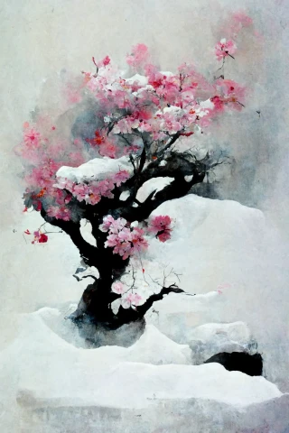 樱花, 日本的, 盆景, 疯狂, 抽象的, 雪
